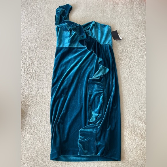 NWT Aidan Mattox Ruffled One Shoulder Velvet Midi Dress 16 Tempesteal - Picture 3 of 13